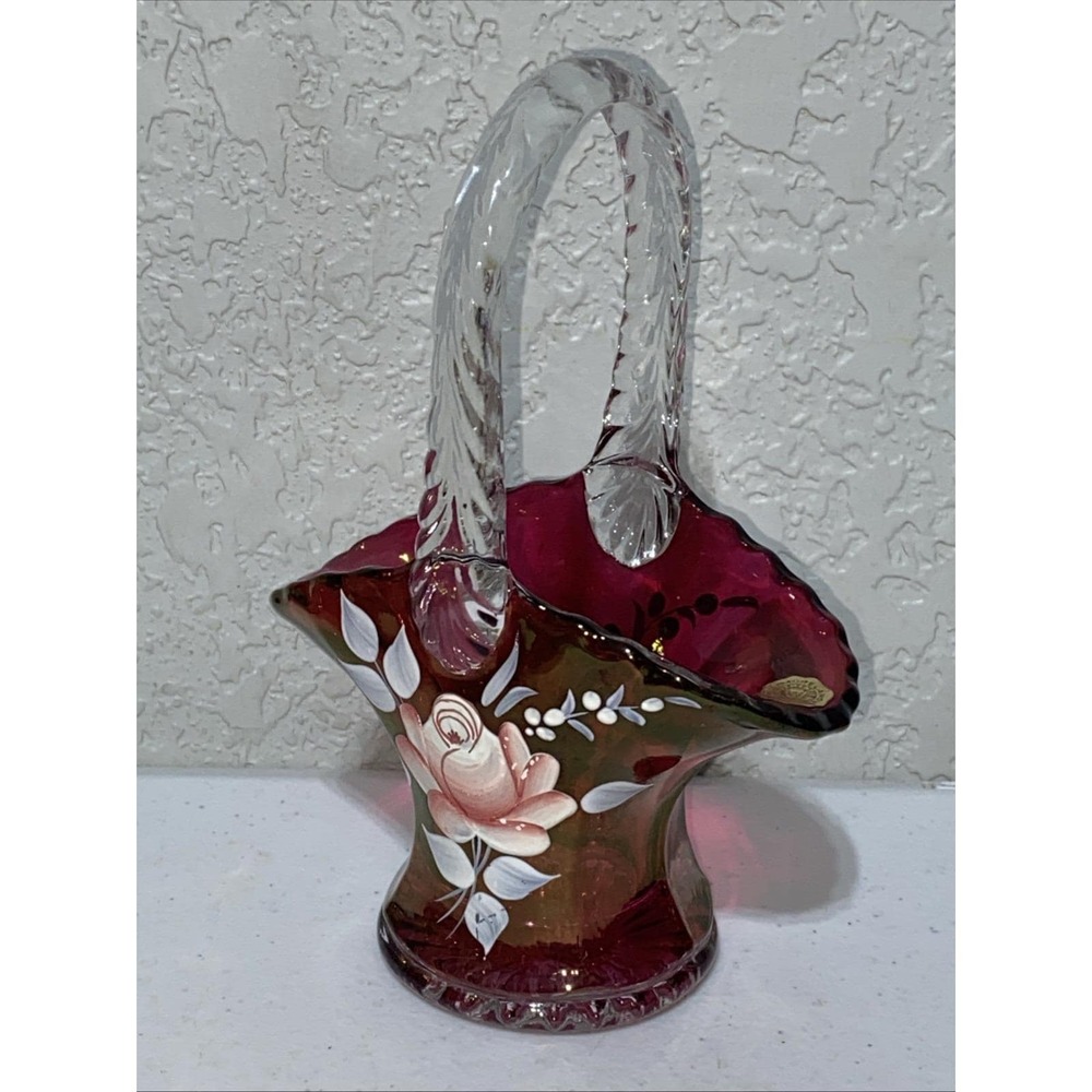 VTG Westmoreland Cranberry Pink Red Glass Basket 7" Handpainted Signed 1977